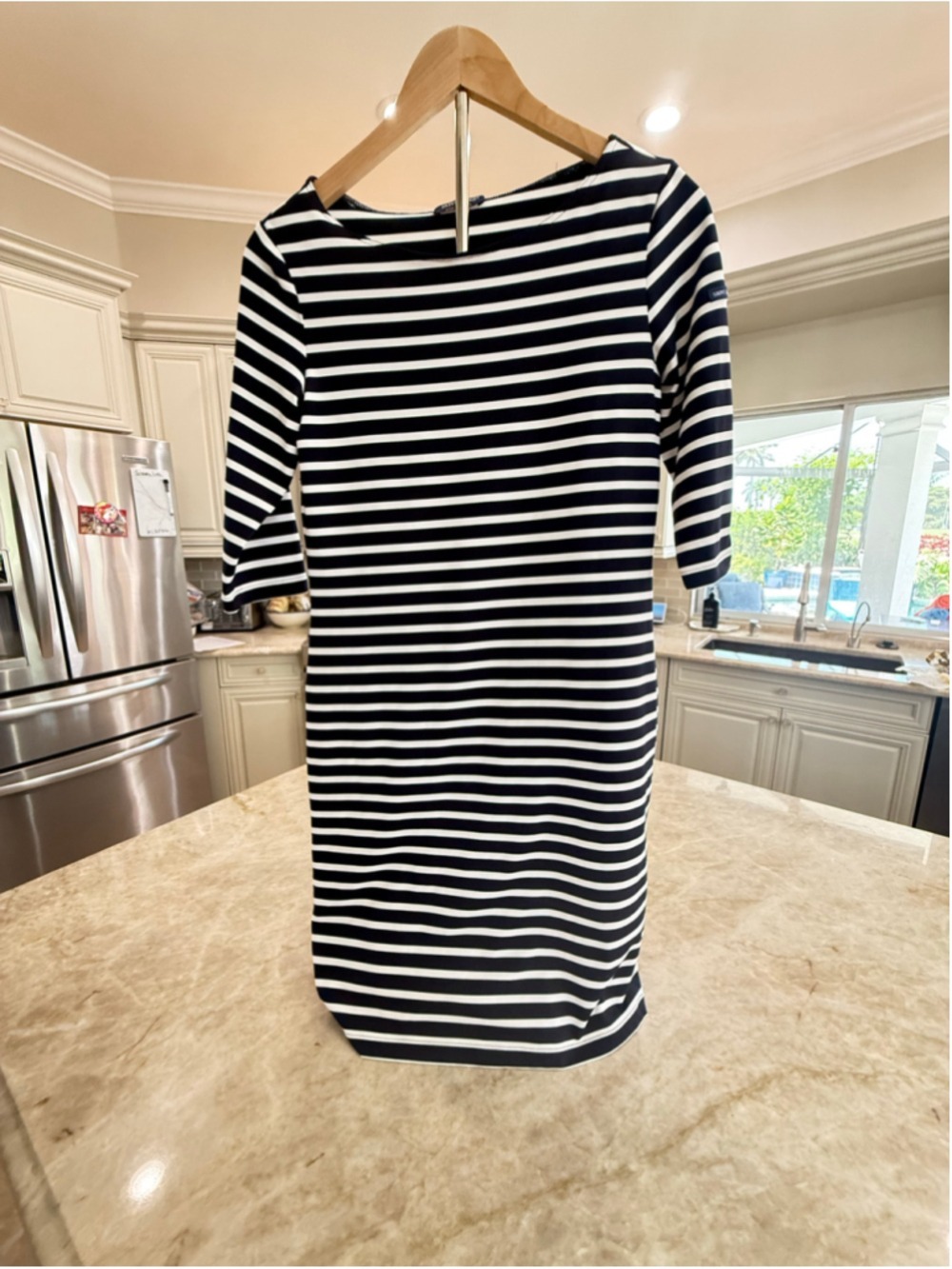 Saint James Tuckernuk 3/4 length Sleeve stretchy Striped Dress size 6Navy White